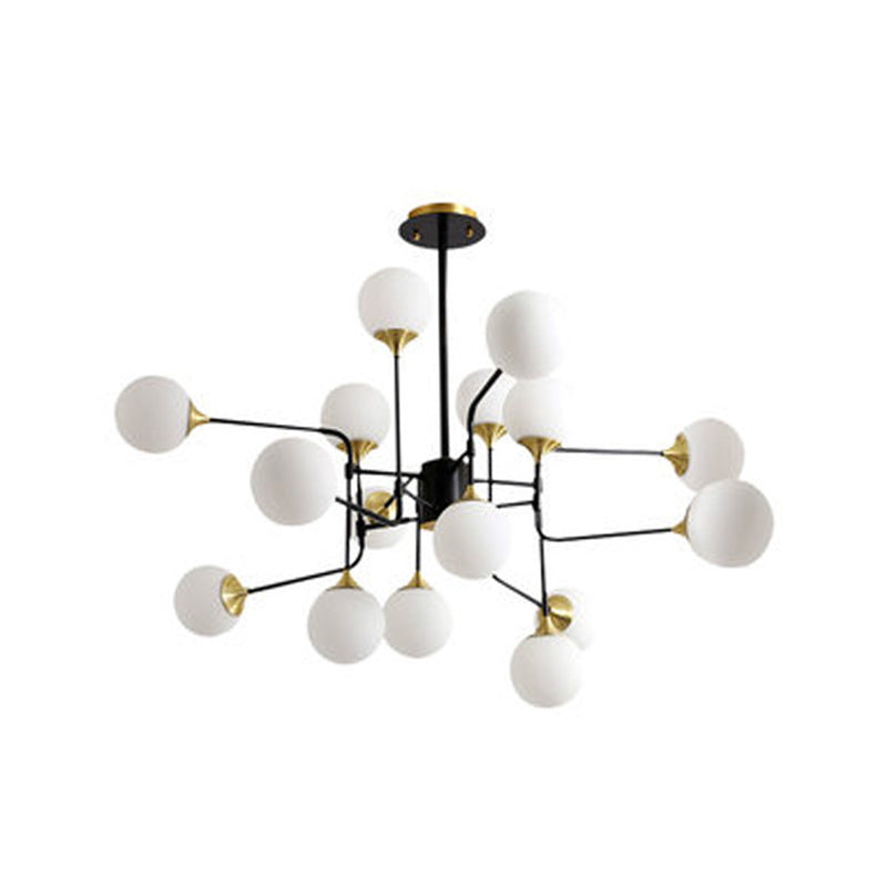Lampe suspendue moderne en forme de branche noire et dorée avec luminaire en verre à boule laiteuse - 8/12/16 lumières