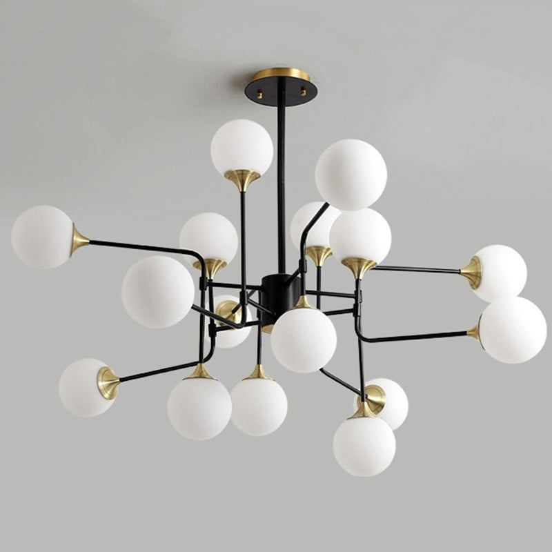 Lampe suspendue moderne en forme de branche noire et dorée avec luminaire en verre à boule laiteuse - 8/12/16 lumières