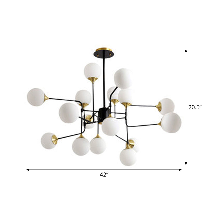 Lampe suspendue moderne en forme de branche noire et dorée avec luminaire en verre à boule laiteuse - 8/12/16 lumières