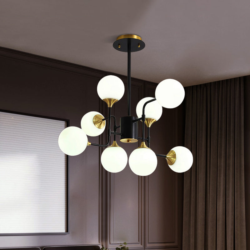 Lampe suspendue moderne en forme de branche noire et dorée avec luminaire en verre à boule laiteuse - 8/12/16 lumières