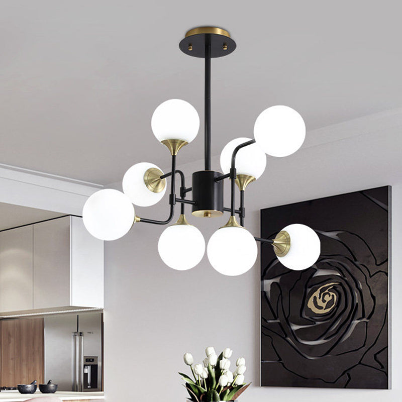 Lampe suspendue moderne en forme de branche noire et dorée avec luminaire en verre à boule laiteuse - 8/12/16 lumières