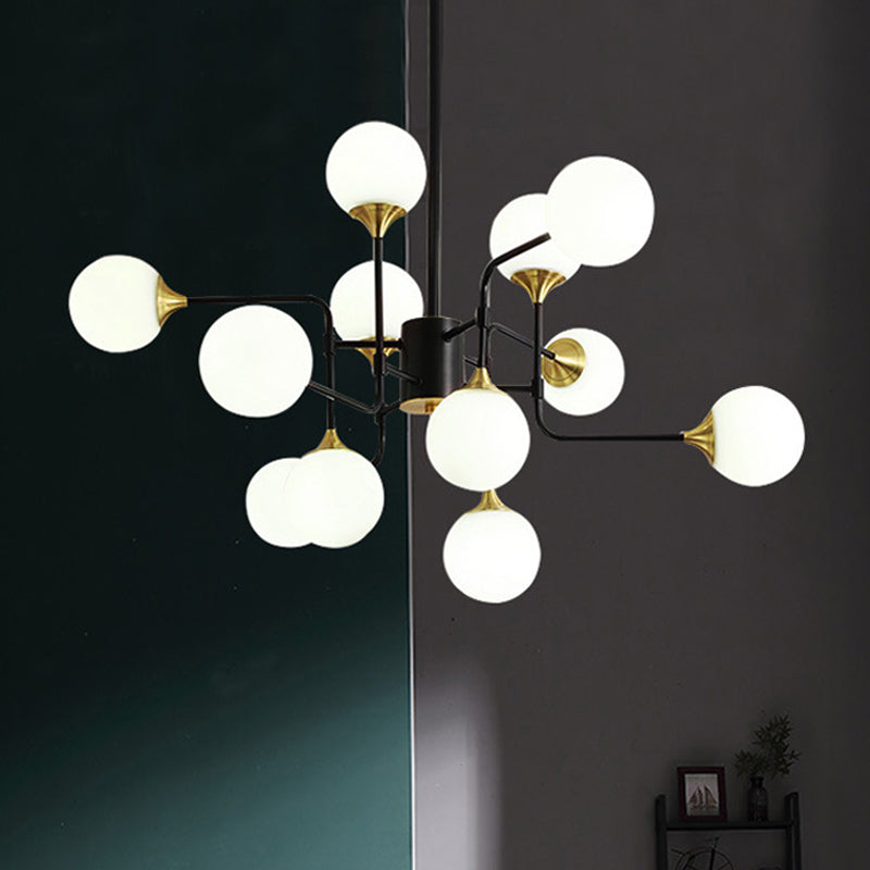 Lampe suspendue moderne en forme de branche noire et dorée avec luminaire en verre à boule laiteuse - 8/12/16 lumières
