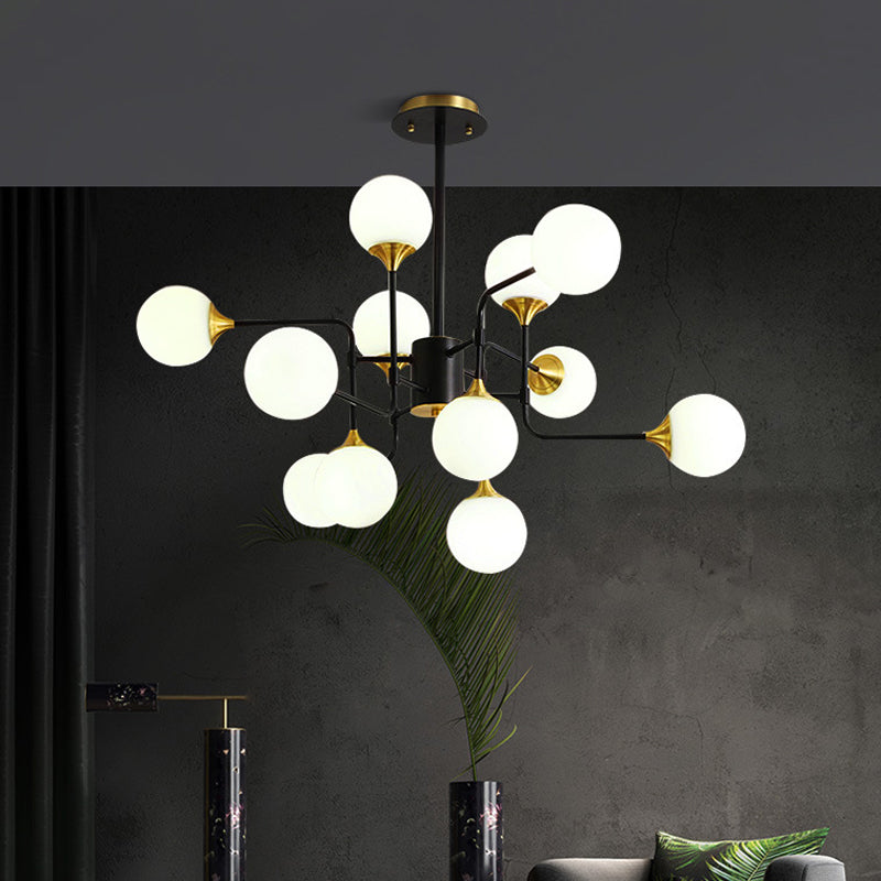 Lampe suspendue moderne en forme de branche noire et dorée avec luminaire en verre à boule laiteuse - 8/12/16 lumières