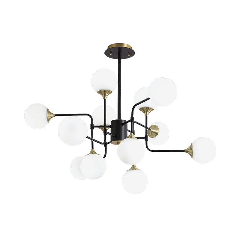 Lampe suspendue moderne en forme de branche noire et dorée avec luminaire en verre à boule laiteuse - 8/12/16 lumières