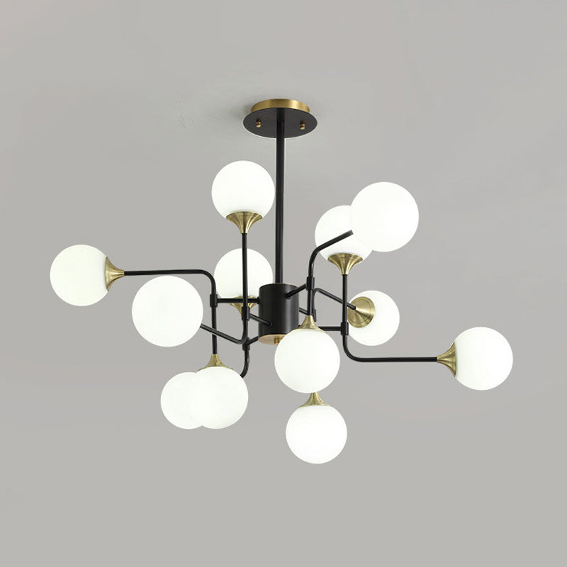 Lampe suspendue moderne en forme de branche noire et dorée avec luminaire en verre à boule laiteuse - 8/12/16 lumières