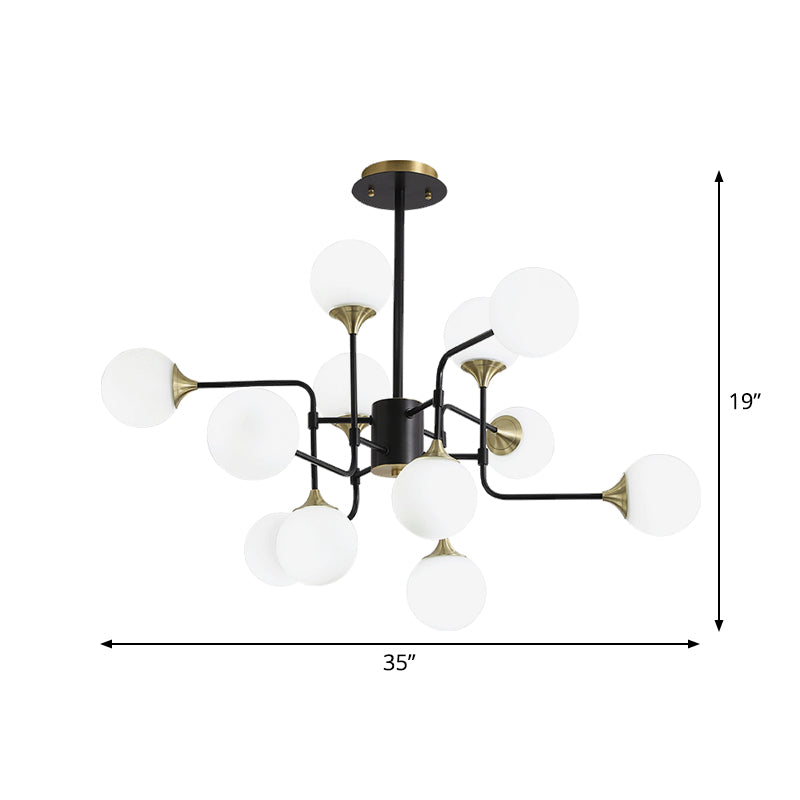 Lampe suspendue moderne en forme de branche noire et dorée avec luminaire en verre à boule laiteuse - 8/12/16 lumières