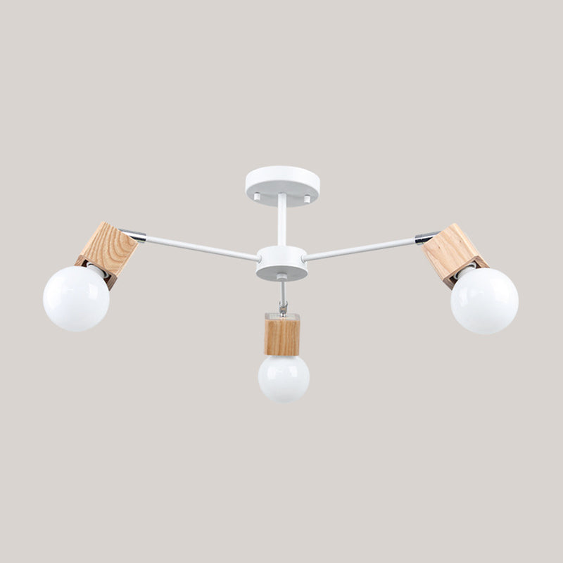 Semi-Flush Open Bulb Ceiling Light with Square Loft Style Design - 3/5 Heads, Wood Metallic Mount Chandelier