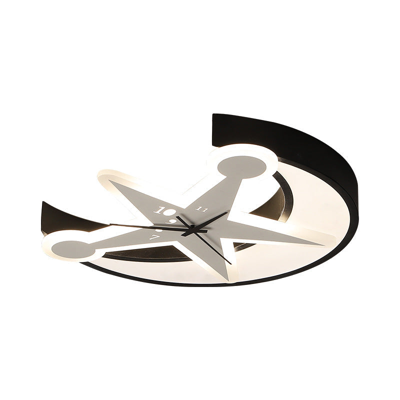 Modern Black Acrylic Clock Flush Ceiling Light with Moon & Star LED for Dining Room