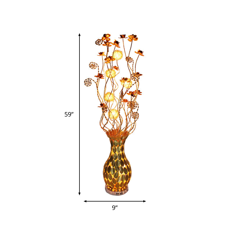 Gold Metal Curvy Urn Shape Bedside Lamp With Floral Design Led Floor Lighting