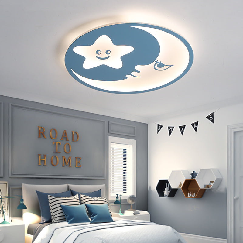 Plafonnier LED en acrylique bleu pour chambre d'enfant avec lune souriante et étoiles