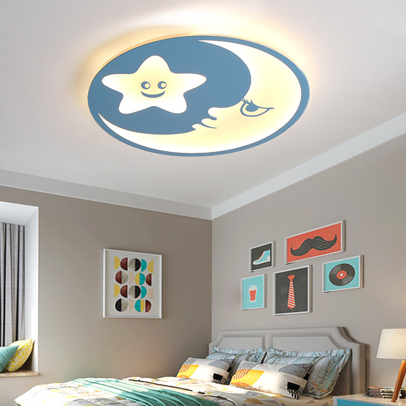 Plafonnier LED en acrylique bleu pour chambre d'enfant avec lune souriante et étoiles