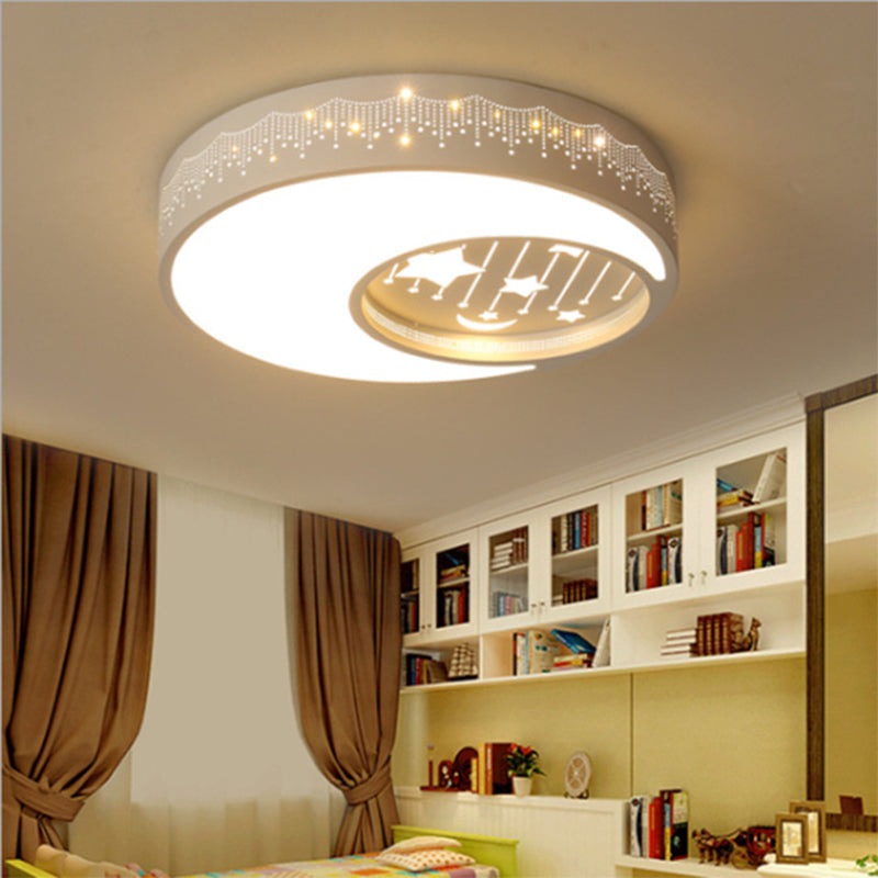 Romantic LED Moon and Star Flush Ceiling Light for Boys' Bedroom in White
