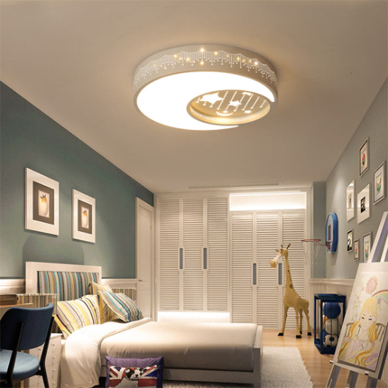 Romantic Led Moon And Star Flush Ceiling Light For Boys Bedroom In White
