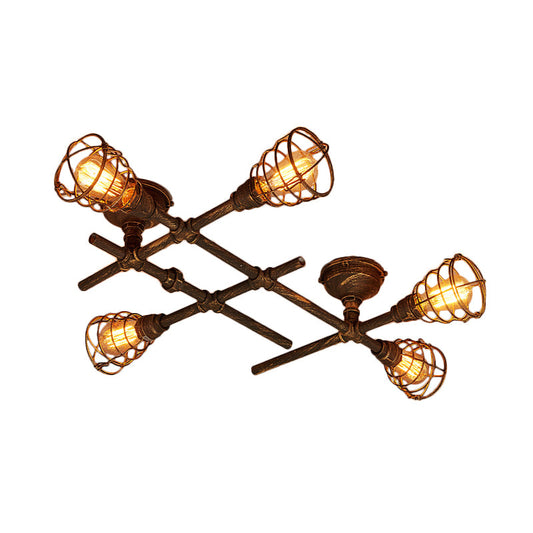 Industrial Intersecting Piping Ceiling Light - Iron Semi Flush Mounted with Cage Guard, Brass Finish (4/5/8 Heads)