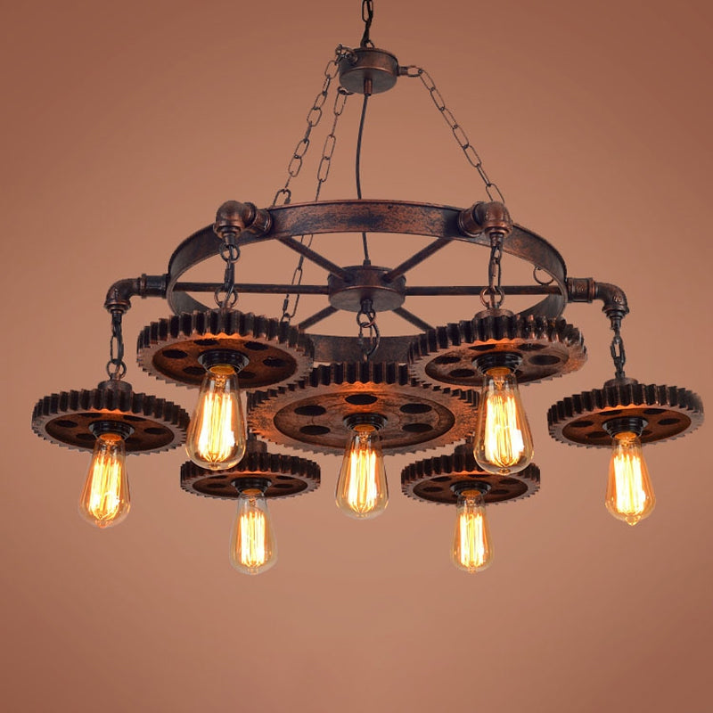 Lustre antique en bronze sculpté avec engrenages en bois : lampe suspendue de style loft avec éclairage bistrot à 1/3/7 ampoules