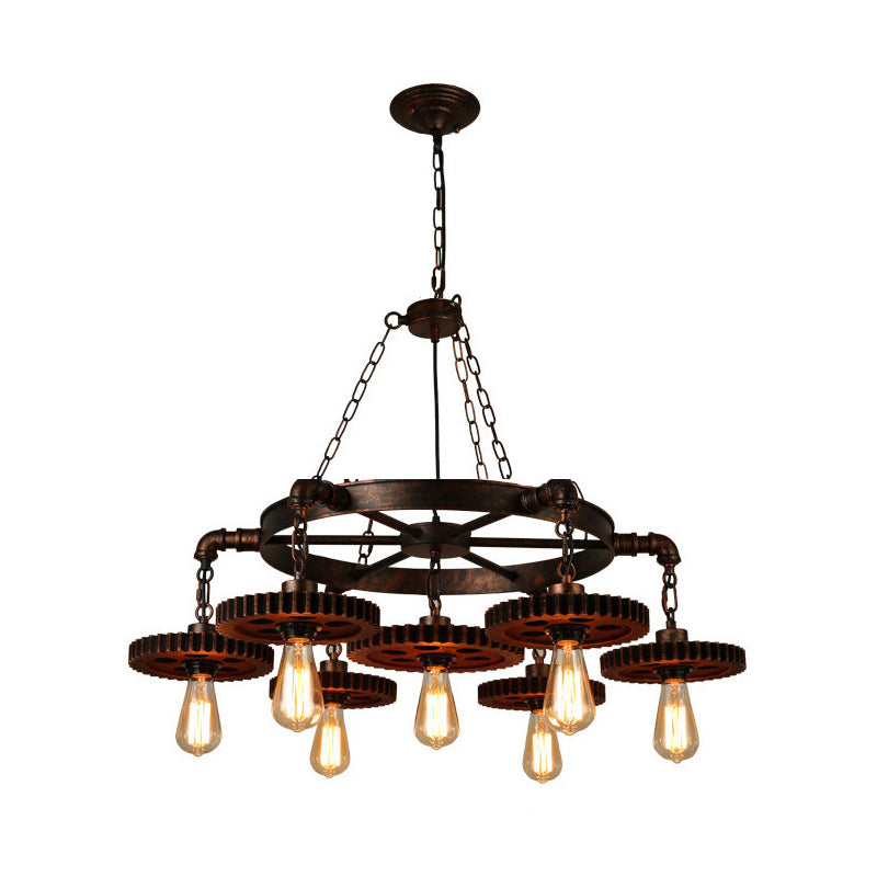 Lustre antique en bronze sculpté avec engrenages en bois : lampe suspendue de style loft avec éclairage bistrot à 1/3/7 ampoules