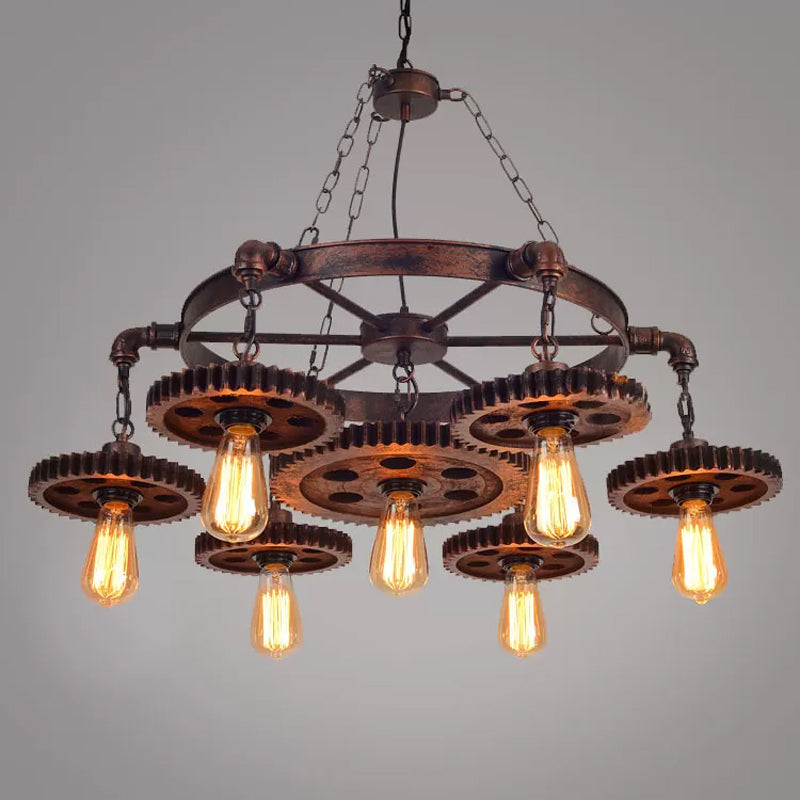 Lustre antique en bronze sculpté avec engrenages en bois : lampe suspendue de style loft avec éclairage bistrot à 1/3/7 ampoules