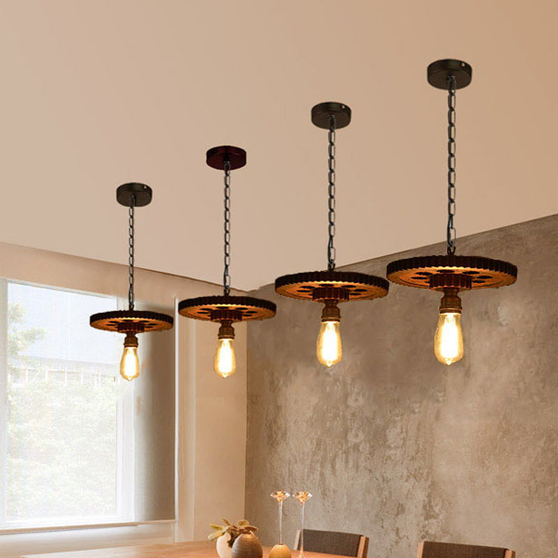 Lustre antique en bronze sculpté avec engrenages en bois : lampe suspendue de style loft avec éclairage bistrot à 1/3/7 ampoules