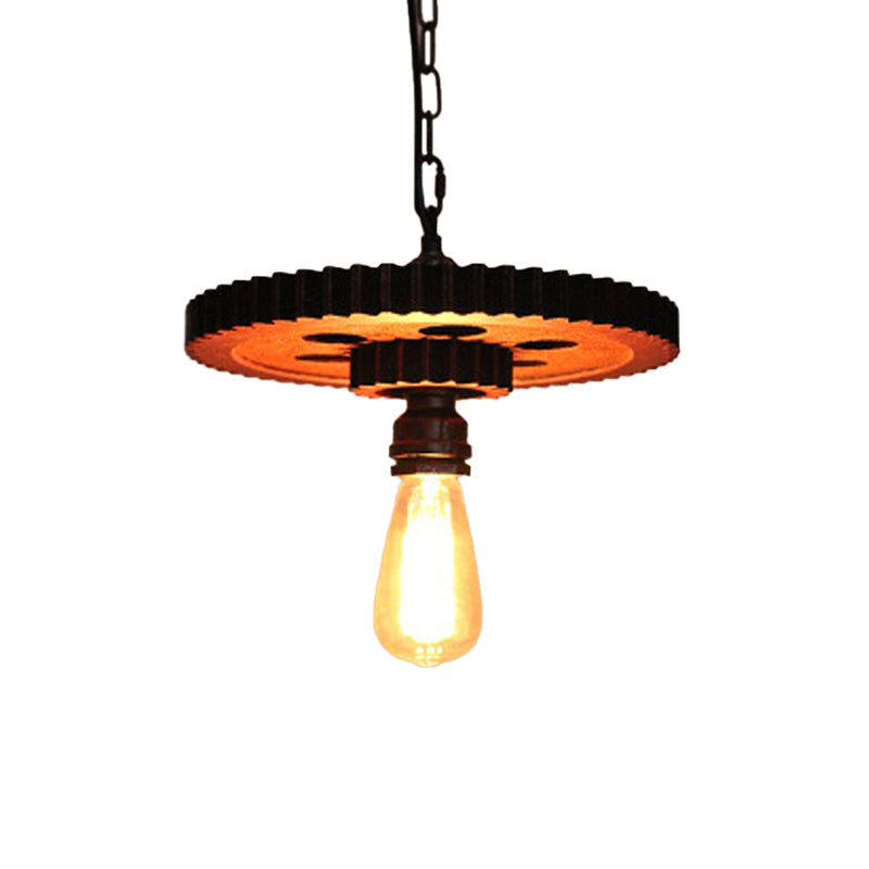 Lustre antique en bronze sculpté avec engrenages en bois : lampe suspendue de style loft avec éclairage bistrot à 1/3/7 ampoules
