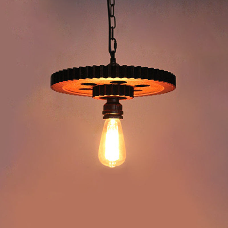 Lustre antique en bronze sculpté avec engrenages en bois : lampe suspendue de style loft avec éclairage bistrot à 1/3/7 ampoules