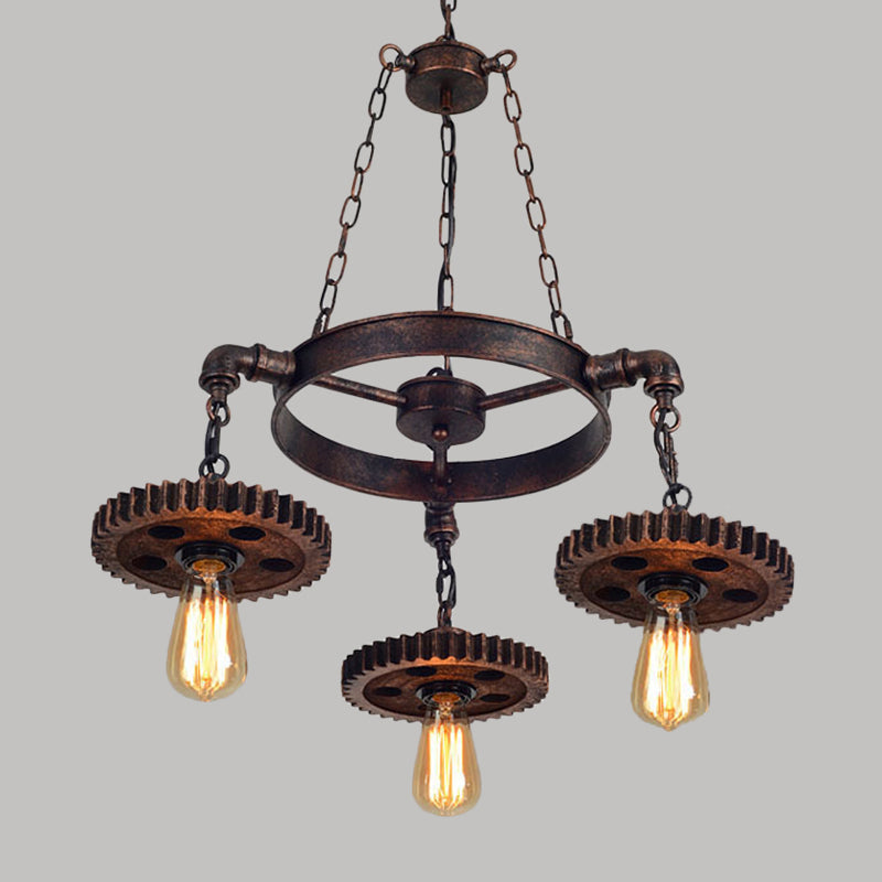 Lustre antique en bronze sculpté avec engrenages en bois : lampe suspendue de style loft avec éclairage bistrot à 1/3/7 ampoules