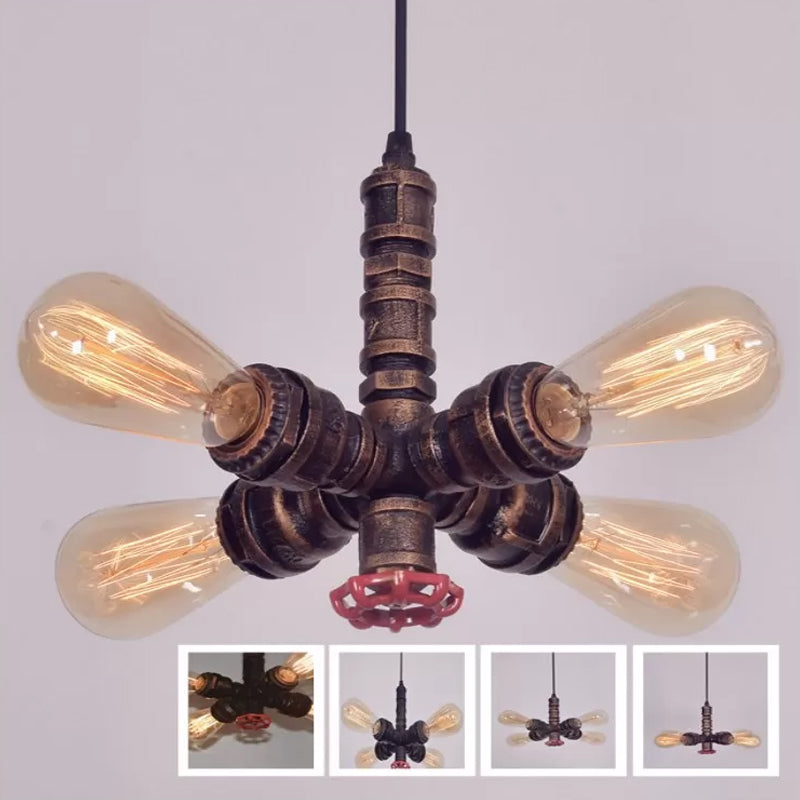 Lustre suspendu en métal - Design radial à 4 lumières en bronze/noir - Parfait pour le salon
