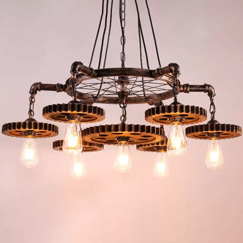Lustre à engrenages en bronze vieilli - Plafonnier à 3/5/7 lumières en fer de style loft pour suspension de salon