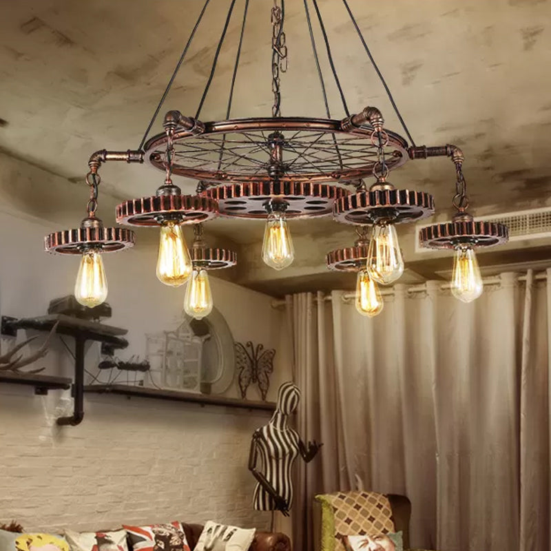 Lustre à engrenages en bronze vieilli - Plafonnier à 3/5/7 lumières en fer de style loft pour suspension de salon