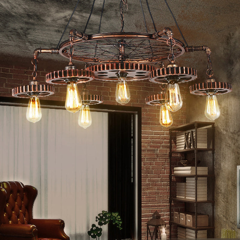Lustre à engrenages en bronze vieilli - Plafonnier à 3/5/7 lumières en fer de style loft pour suspension de salon