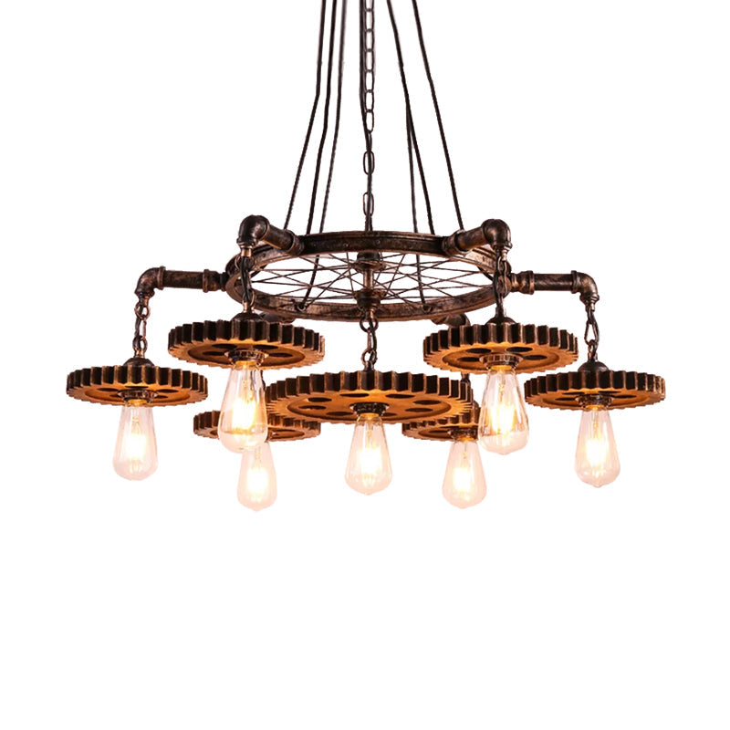 Lustre à engrenages en bronze vieilli - Plafonnier à 3/5/7 lumières en fer de style loft pour suspension de salon