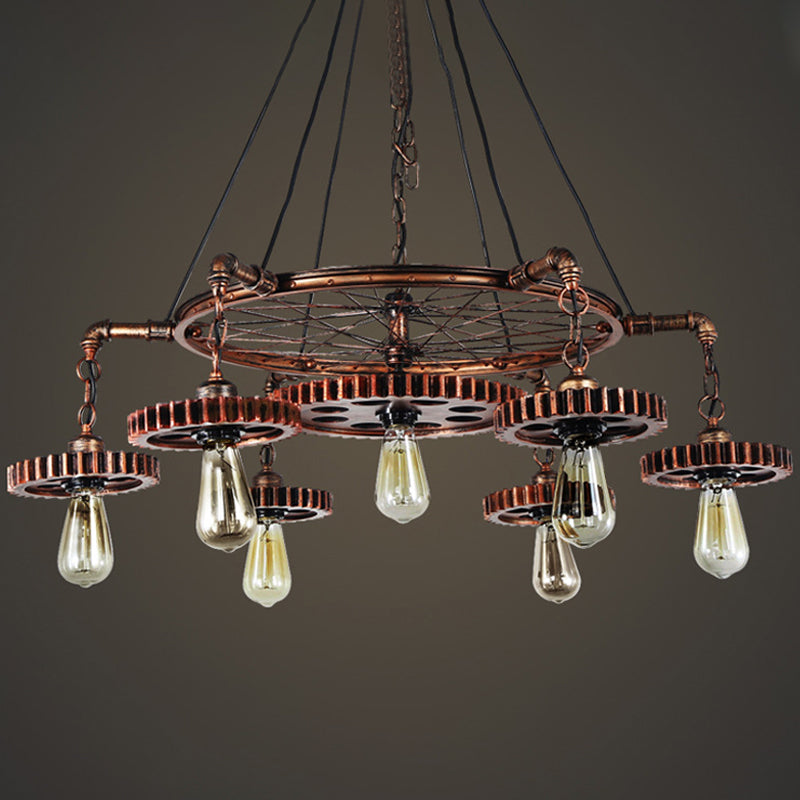 Lustre à engrenages en bronze vieilli - Plafonnier à 3/5/7 lumières en fer de style loft pour suspension de salon