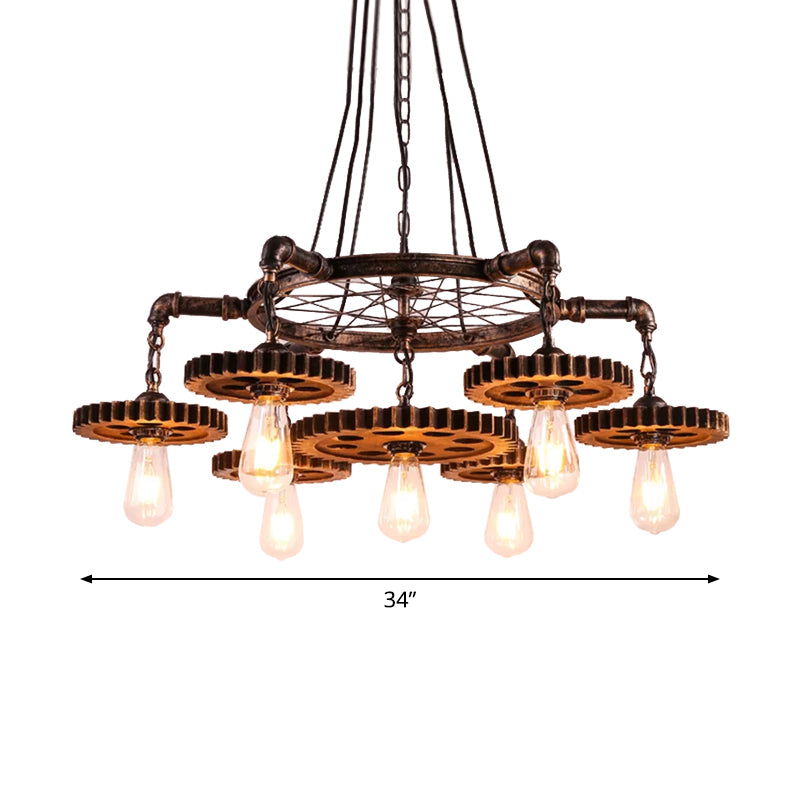 Lustre à engrenages en bronze vieilli - Plafonnier à 3/5/7 lumières en fer de style loft pour suspension de salon