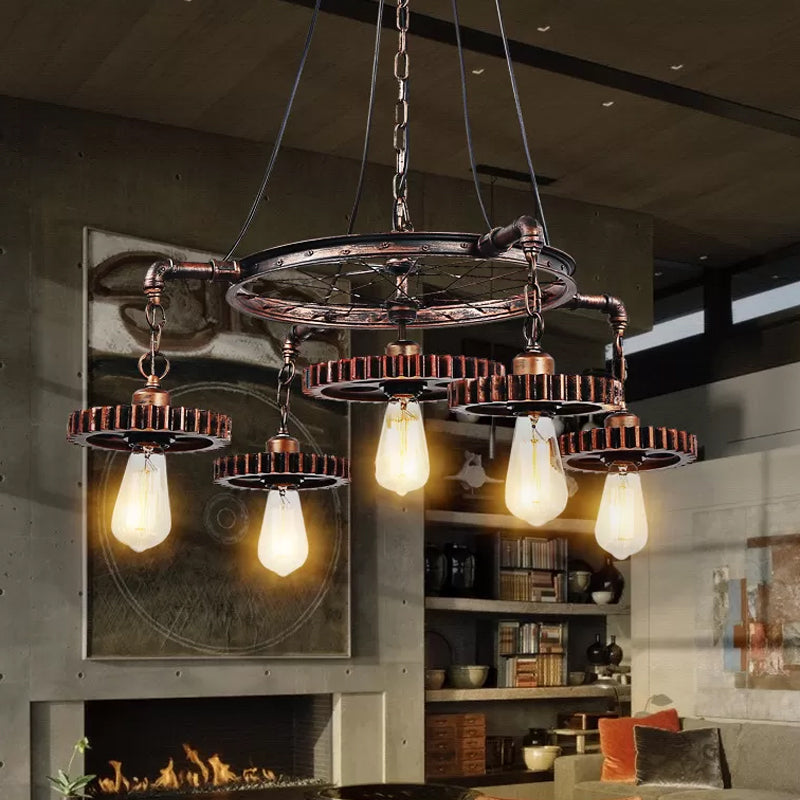 Lustre à engrenages en bronze vieilli - Plafonnier à 3/5/7 lumières en fer de style loft pour suspension de salon
