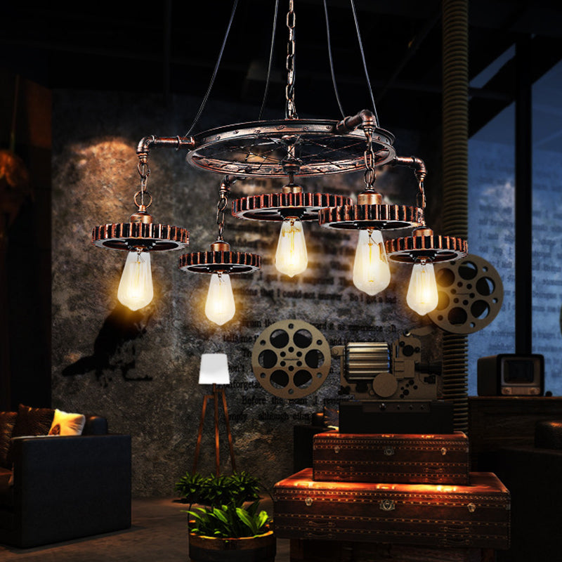 Lustre à engrenages en bronze vieilli - Plafonnier à 3/5/7 lumières en fer de style loft pour suspension de salon
