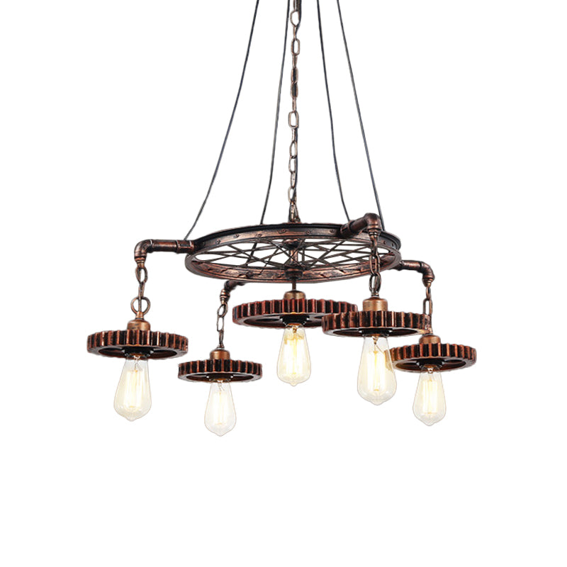 Lustre à engrenages en bronze vieilli - Plafonnier à 3/5/7 lumières en fer de style loft pour suspension de salon