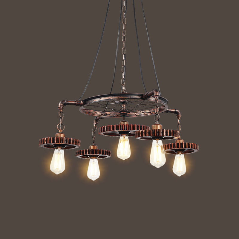 Lustre à engrenages en bronze vieilli - Plafonnier à 3/5/7 lumières en fer de style loft pour suspension de salon
