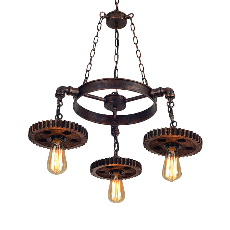 Lustre à engrenages en bronze vieilli - Plafonnier à 3/5/7 lumières en fer de style loft pour suspension de salon