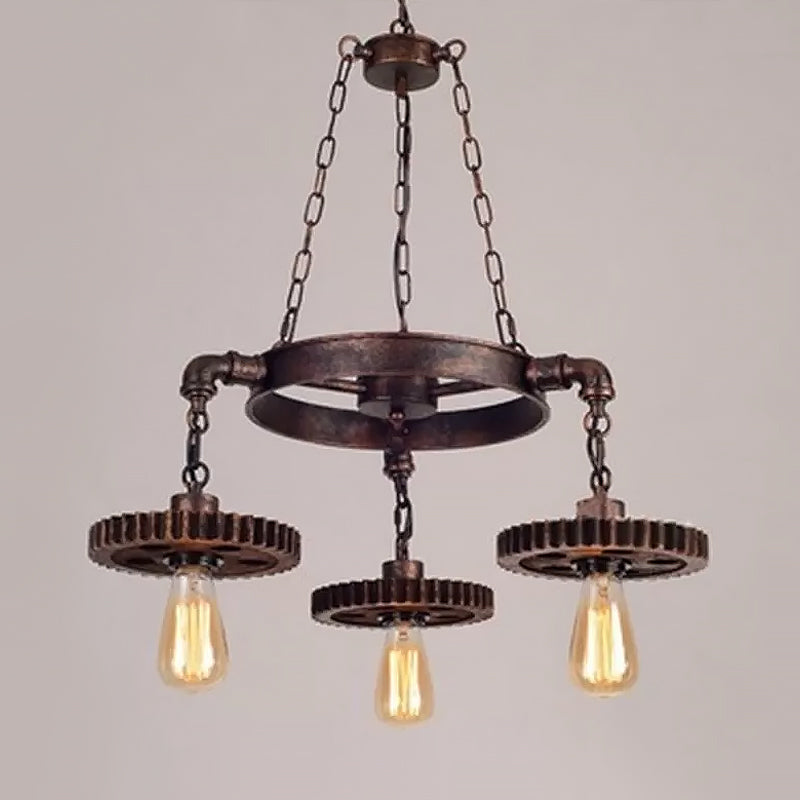 Lustre à engrenages en bronze vieilli - Plafonnier à 3/5/7 lumières en fer de style loft pour suspension de salon