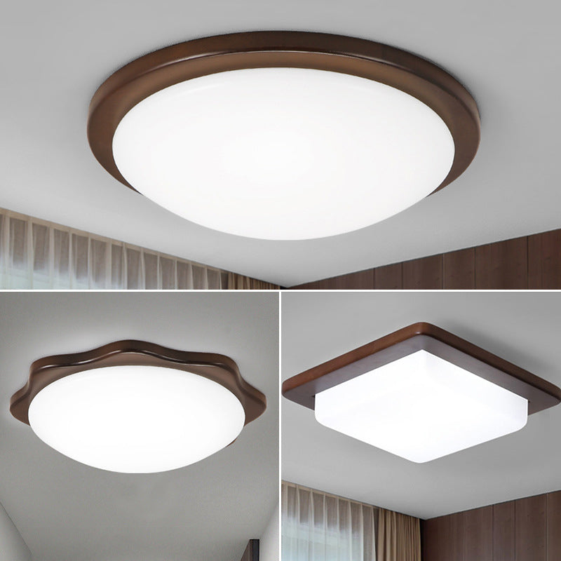Simple Wood Flush Mount Ceiling Light with LED, Round/Square/Flower Design, 14"/15"/18" Wide, Acrylic Shade, Brown