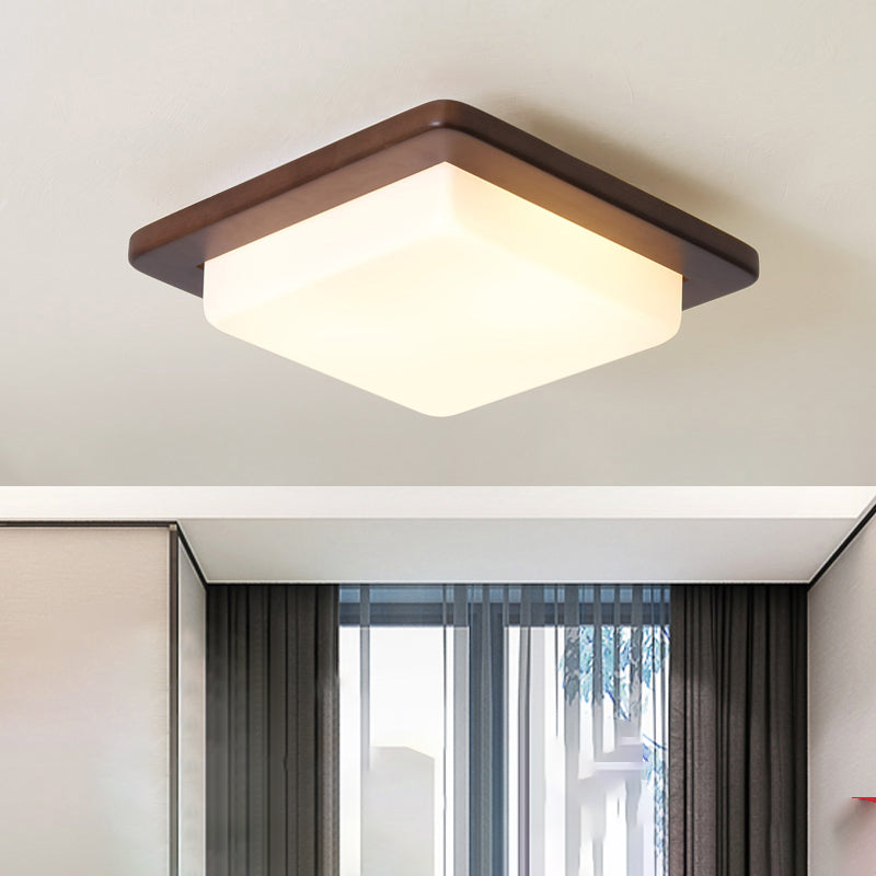 Simple Wood Flush Mount Ceiling Light with LED, Round/Square/Flower Design, 14"/15"/18" Wide, Acrylic Shade, Brown
