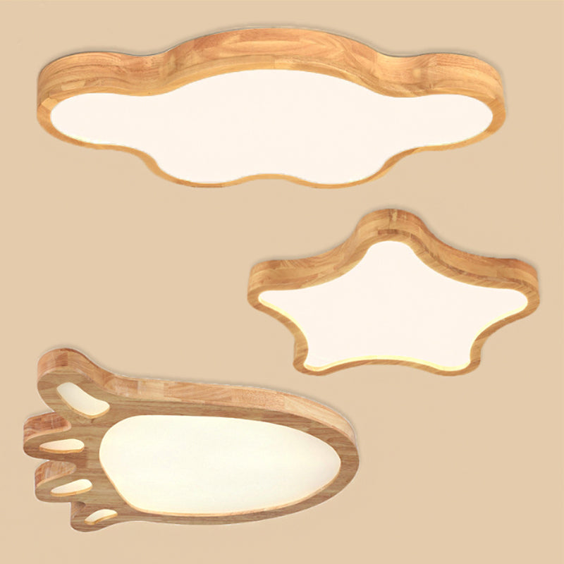 Minimalist Cloud/Star Led Ceiling Light For Childrens Bedroom - Wooden Flush Mount Lamp In Beige