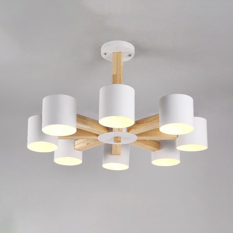 Nordic Cylindrical Ceiling Chandelier: Modern Metallic Suspension Light for Living Room in Black/White and Wood, available in 3/6/8-Light Options