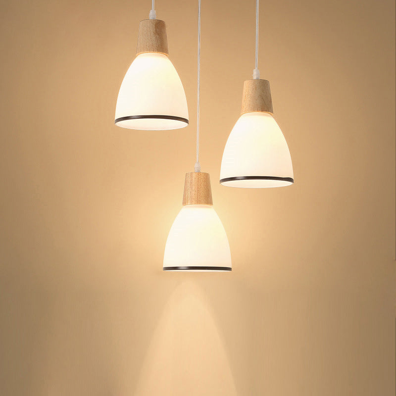 Nordic Ivory Glass Hang Lamp - 3-Head Cluster Pendant for Dining Room - Wood Finish