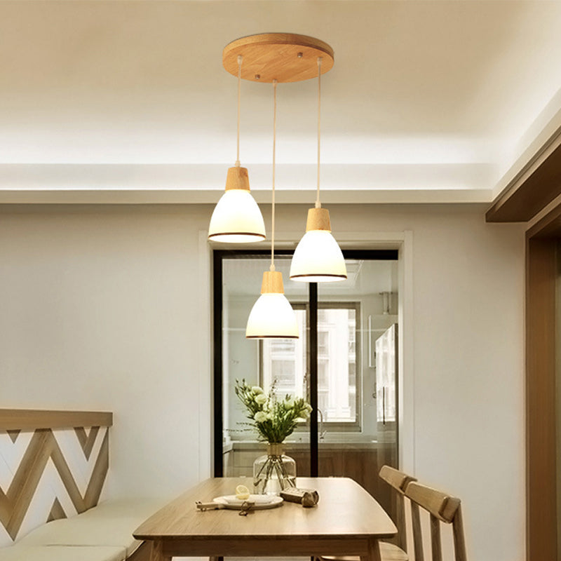 Nordic Ivory Glass Hang Lamp - 3-Head Cluster Pendant for Dining Room - Wood Finish