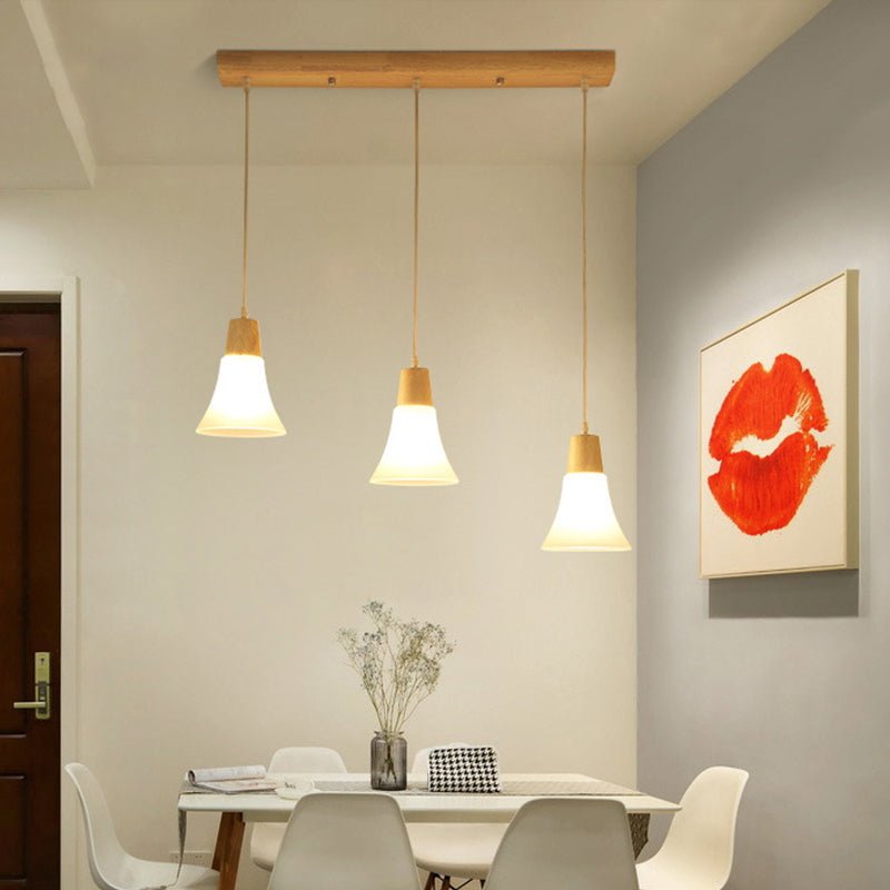 Nordic Ivory Glass Hang Lamp - 3-Head Cluster Pendant for Dining Room - Wood Finish