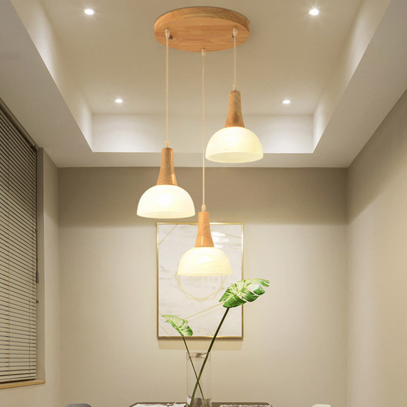 Nordic Ivory Glass Hang Lamp - 3-Head Cluster Pendant for Dining Room - Wood Finish