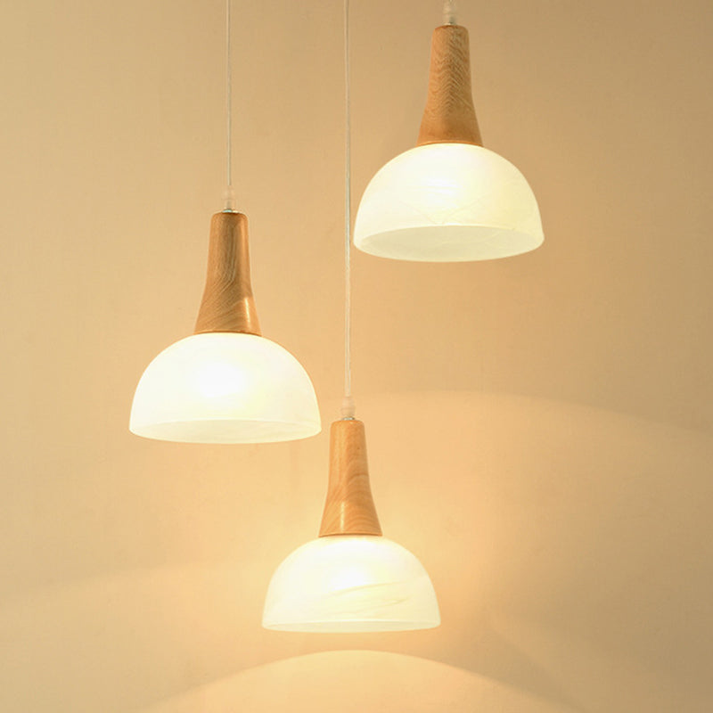 Nordic Ivory Glass Hang Lamp - 3-Head Cluster Pendant for Dining Room - Wood Finish