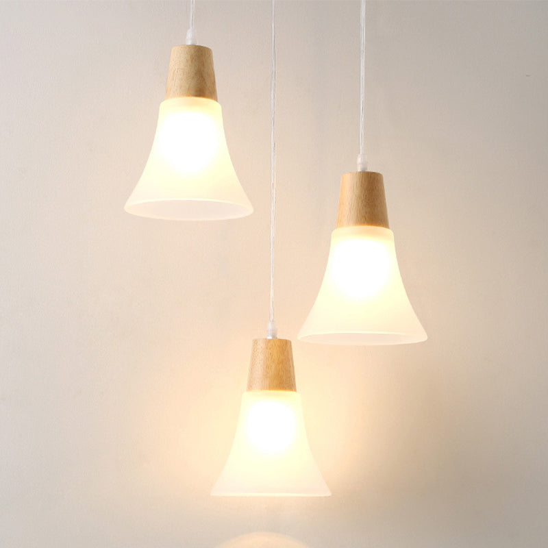 Nordic Ivory Glass Hang Lamp - 3-Head Cluster Pendant for Dining Room - Wood Finish