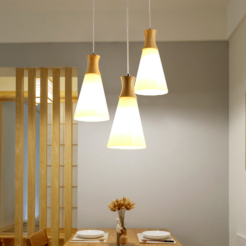 Nordic Milky Glass Cone Pendant Light - Wood Suspension Lamp with Round/Linear Canopy