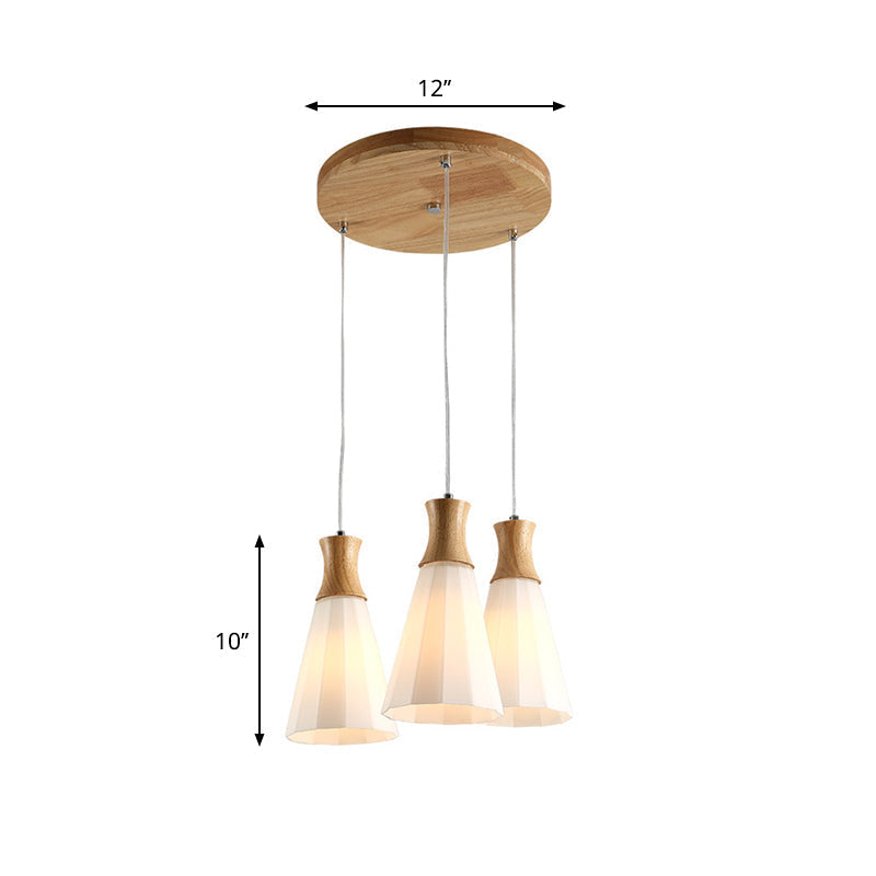 Nordic Milky Glass Cone Pendant Light - Wood Suspension Lamp with Round/Linear Canopy